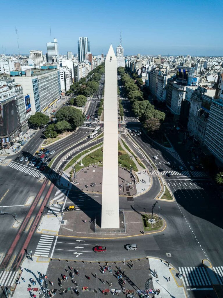 Aerial view of the Obelisco de Buenos Aires located on Avenida 9 de Julio.